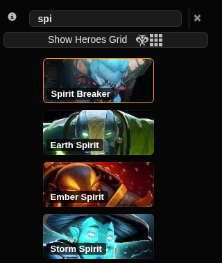 The picker's search box with "spi" typed in, listing Spirit Breaker (highlighted), Earth Spirit, Ember Spirit and Storm Spirit